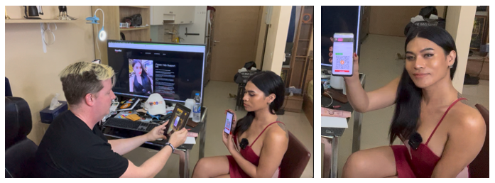 Ladyboy Oil holding up BTCPay invoice on her mobile phone